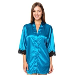 Frederick’s of Hollywood Women’s Size S Turquoise Satin Robe Black Lace Trim